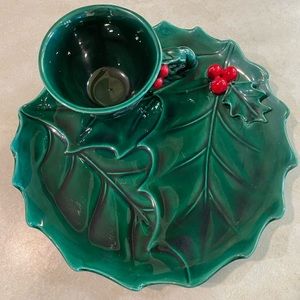 Vintage Lefton holly snack plate and cup.